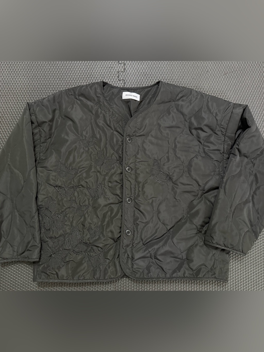 Ryoko Rain Quilted Liner Bomber Jacket Coat Embroidered Button Down Medium